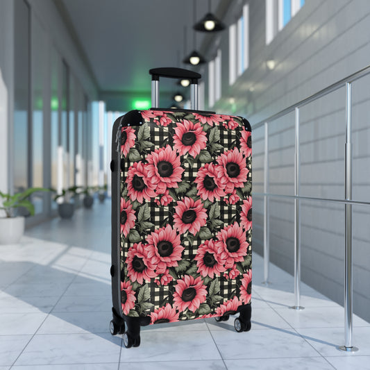 Chic Black and White Gingham with Pink Sunflowers Suitcase: A Symphony of Contrast and Grace