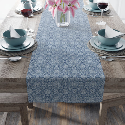Cottagecore Blue Damask print Table Runner (Cotton, Poly)