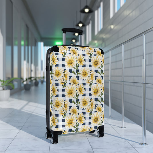Tranquil Light Blue Gingham with White and Yellow Flowers Suitcase: A Symphony of Serenity