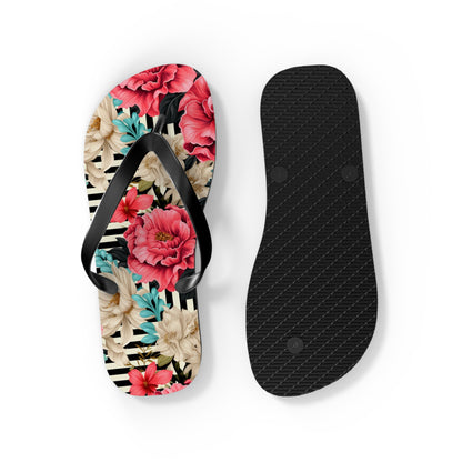 Stripes and Pink Roses Flip Flops - Cottage Garden Decor