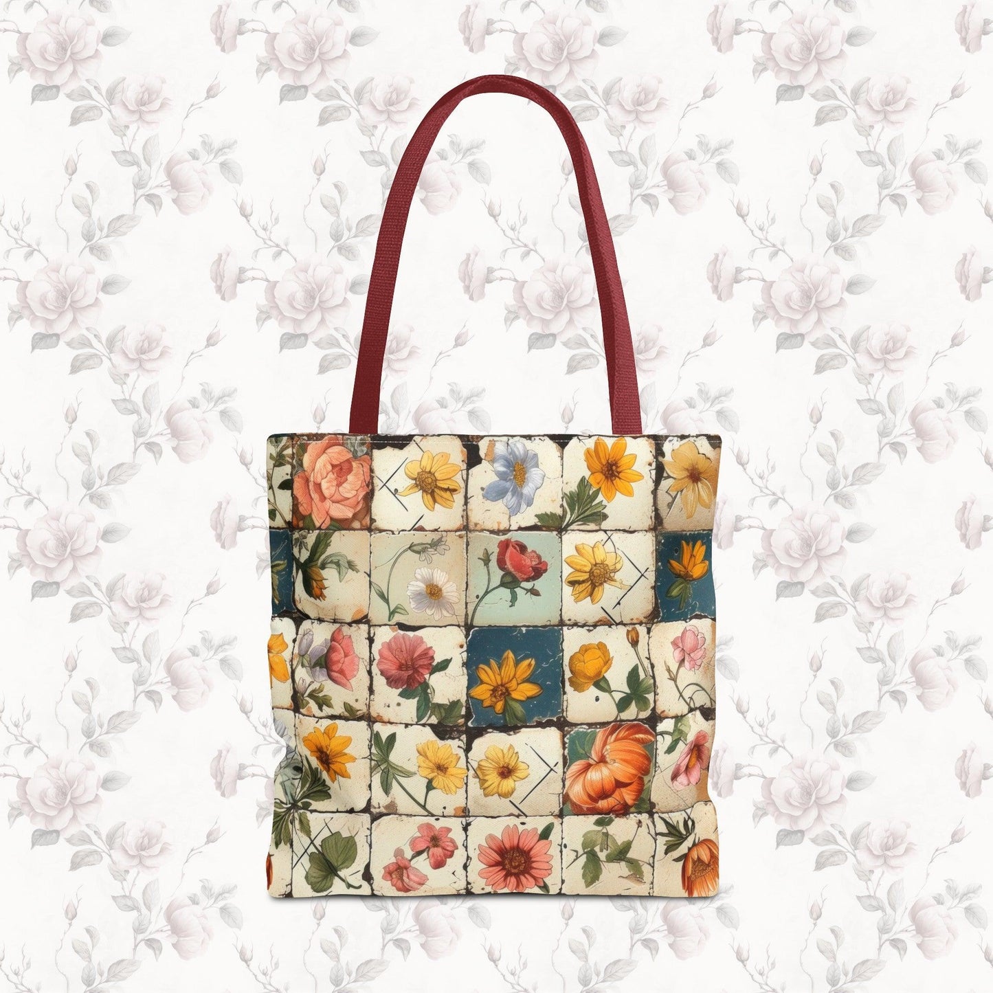 Cottagecore Floral Print Tote Bag - Quilted Patchwork Design - Cottage Garden Decor