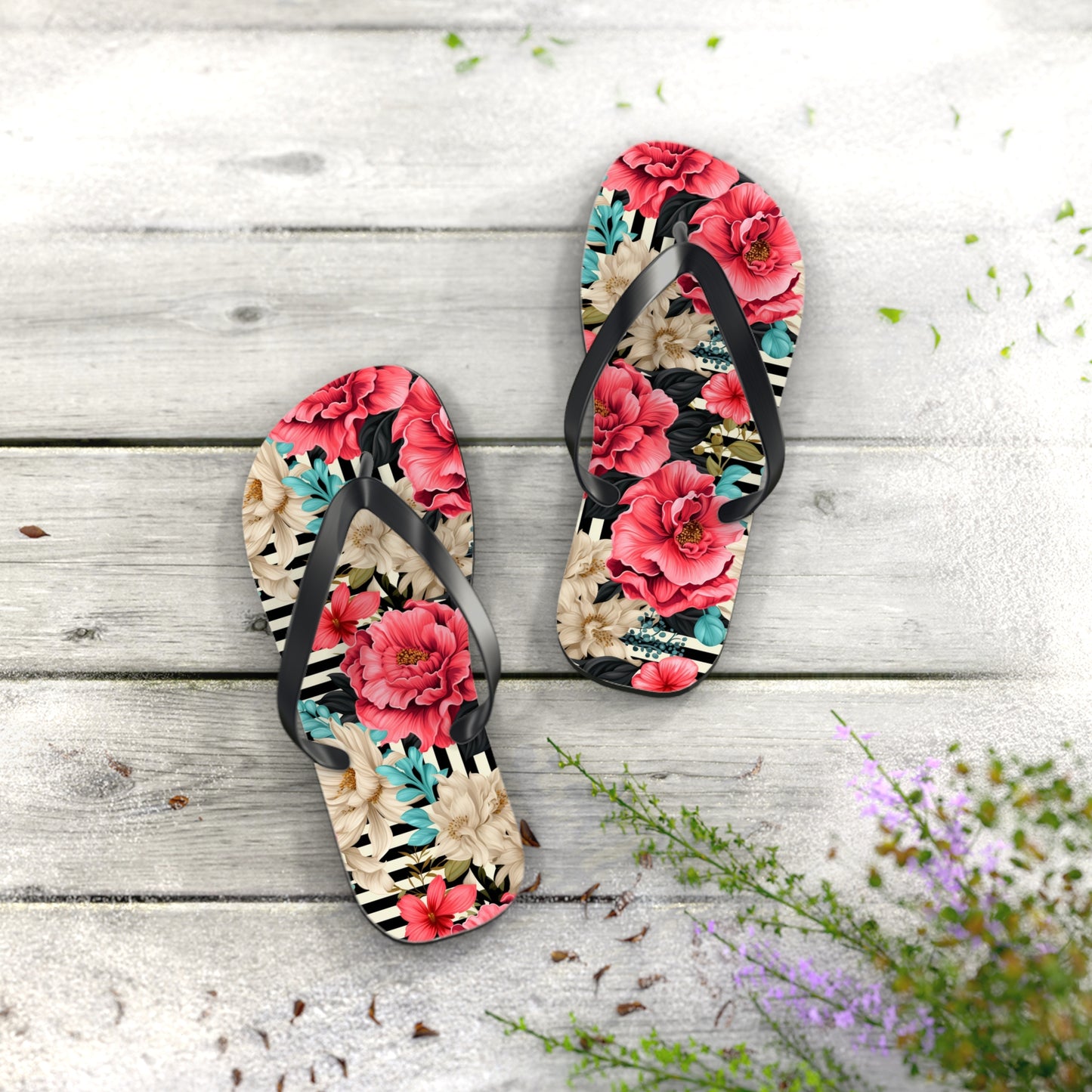 Stripes and Pink Roses Flip Flops - Cottage Garden Decor