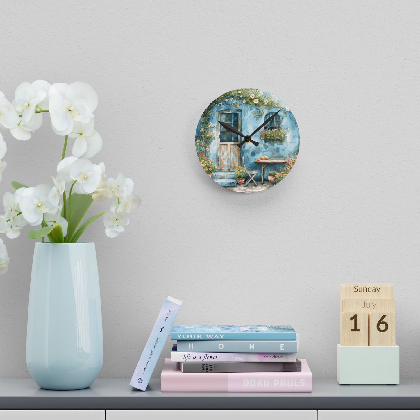 Blue Cottage Back Door Acrylic Wall Clock - Cottage Garden Decor