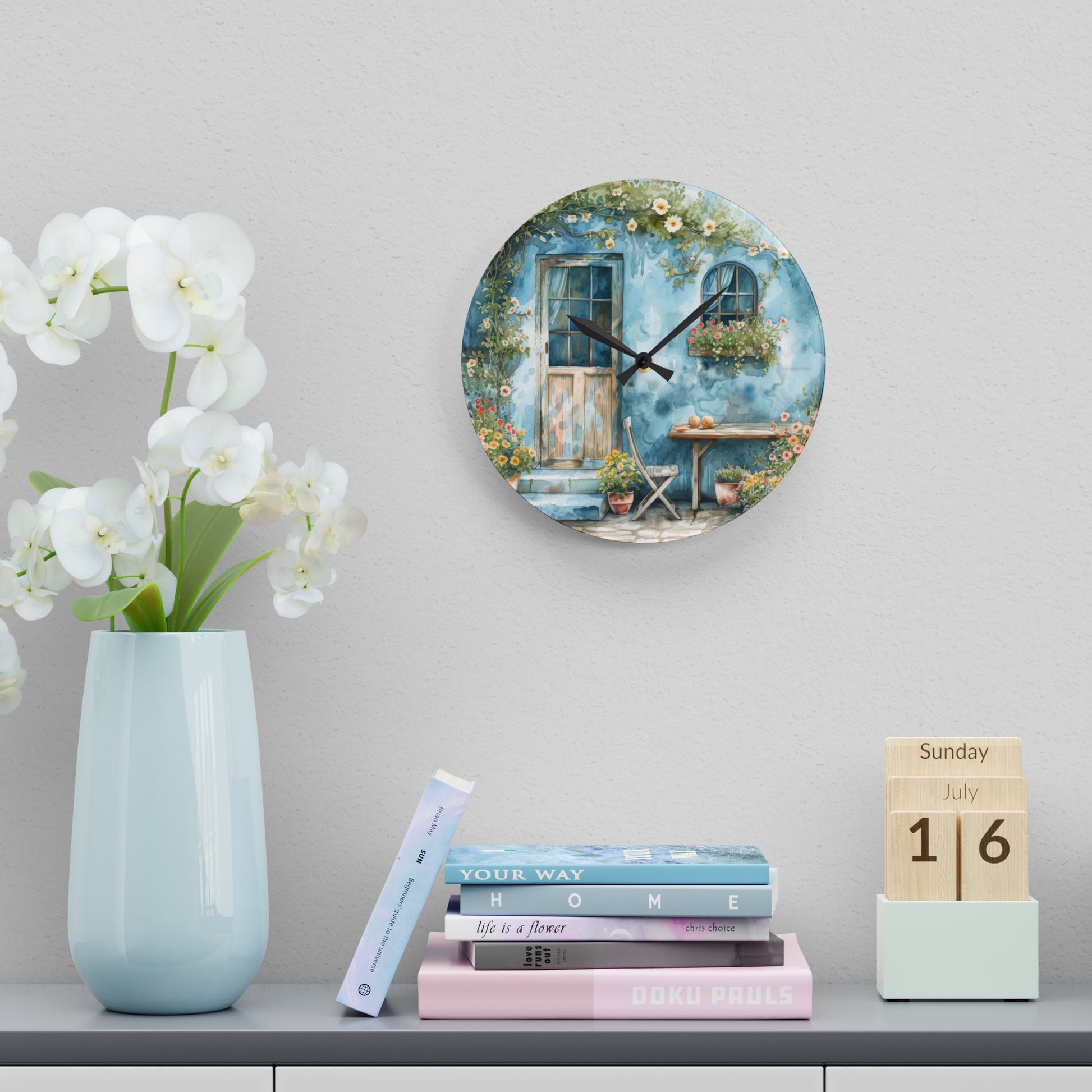 Blue Cottage Back Door Acrylic Wall Clock - Cottage Garden Decor