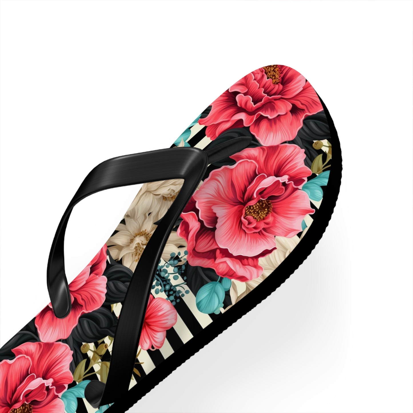 Stripes and Pink Roses Flip Flops - Cottage Garden Decor