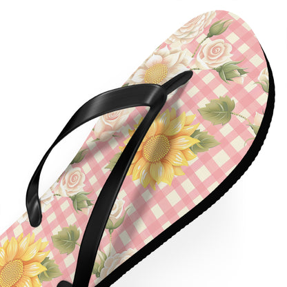 Sweet Bright Pink Gingham Floral Flip Flops - Cottage Garden Decor