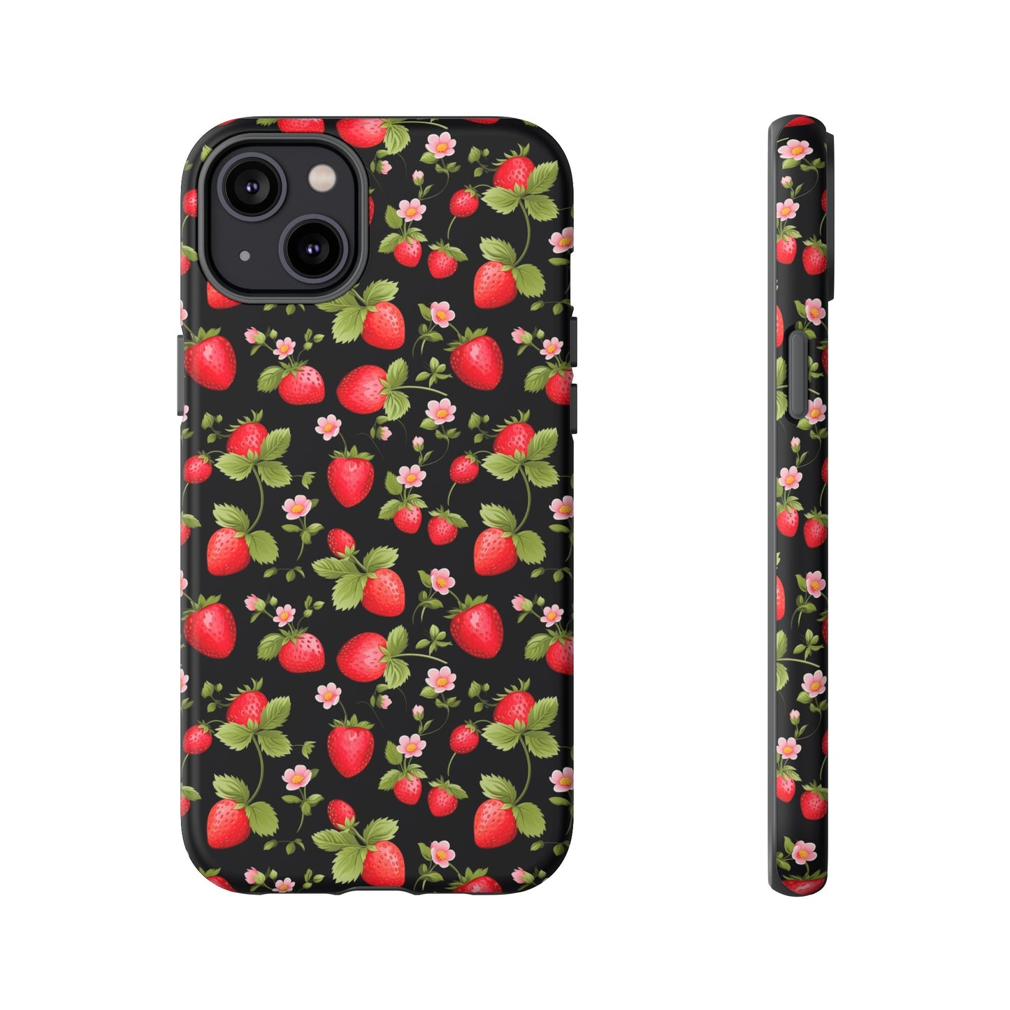 Strawberry's and Pink Flowers on Black Tough Phone Case - Cottage Garden Decor