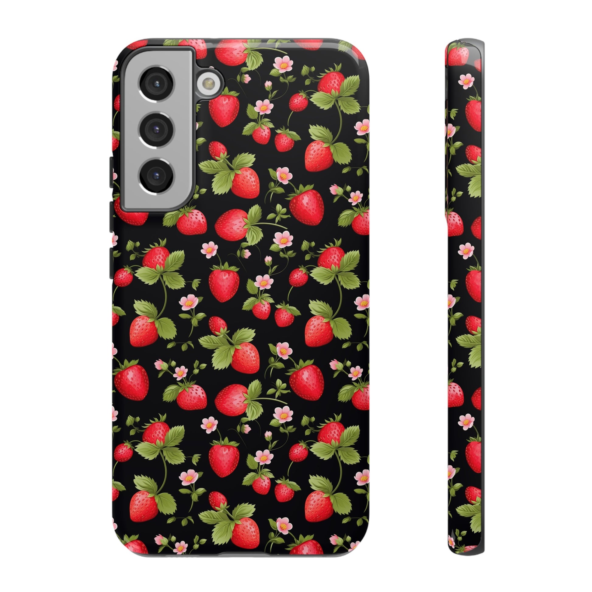 Strawberry's and Pink Flowers on Black Tough Phone Case - Cottage Garden Decor