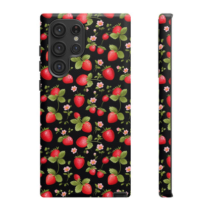 Strawberry's and Pink Flowers on Black Tough Phone Case - Cottage Garden Decor