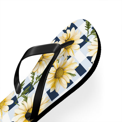 Blue and White Gingham Daisy Flip Flops - Cottage Garden Decor