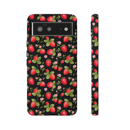 Strawberry's and Pink Flowers on Black Tough Phone Case - Cottage Garden Decor