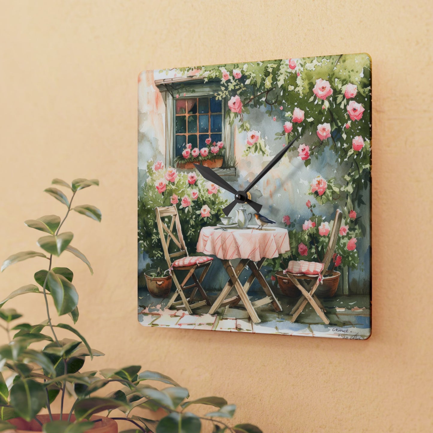 WaterColor Cottage Garden Table and Chairs Acrylic Wall Clock - Cottage Garden Decor