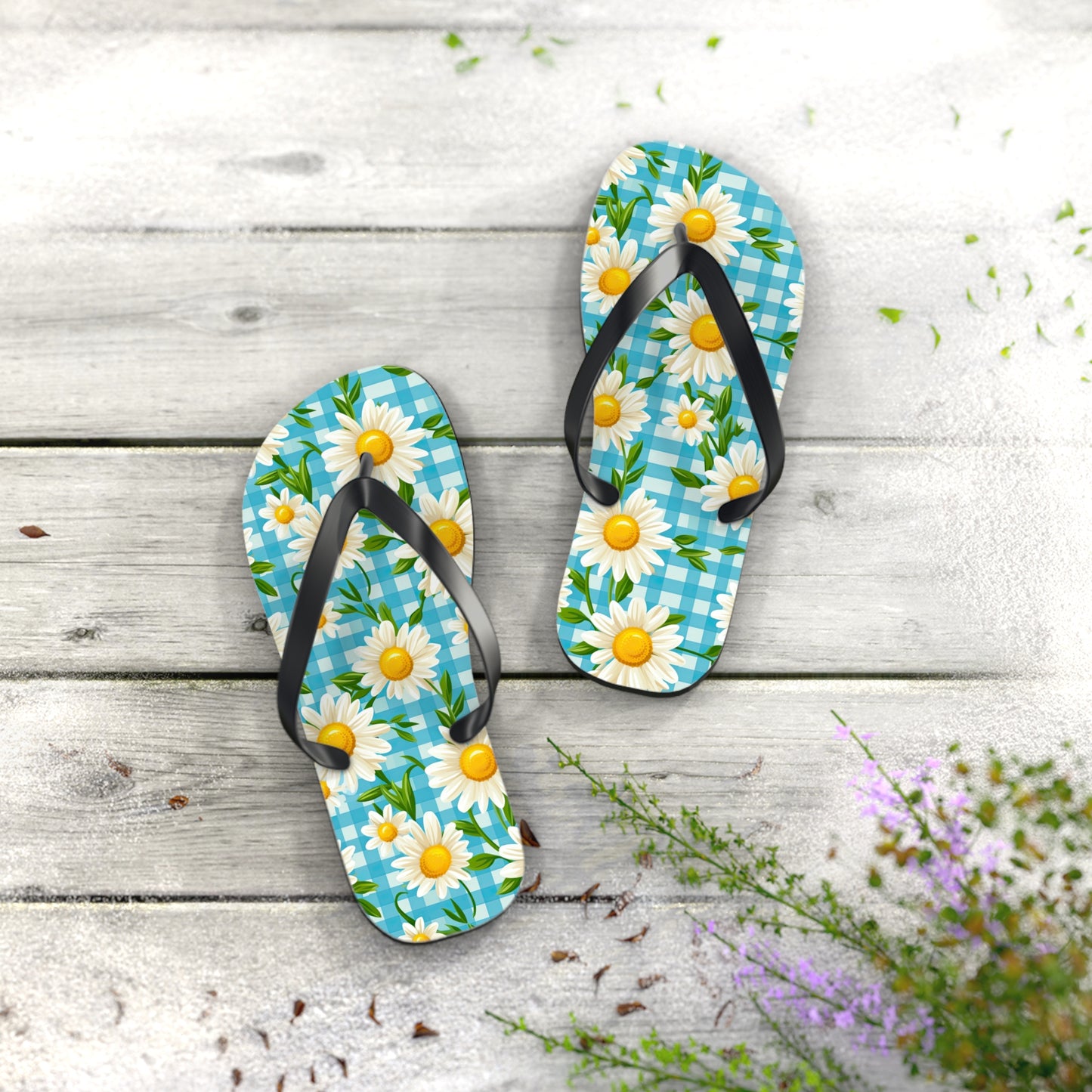 Bright Blue Gingham and Daisy's Flip Flops - Cottage Garden Decor