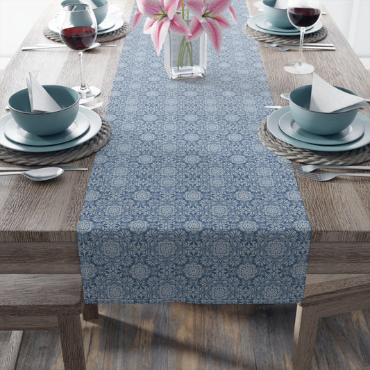 Cottagecore Blue Damask print Table Runner (Cotton, Poly) - Cottage Garden Decor