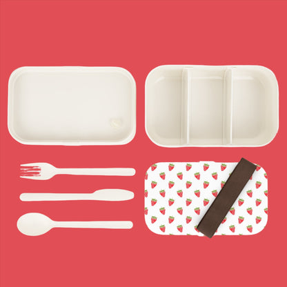 Adorable Strawberry Pattern Bento Box with Cutlery - Cottage Garden Decor