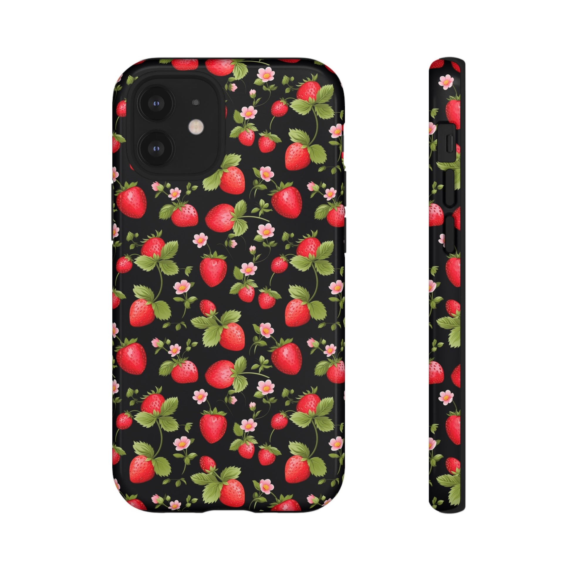 Strawberry's and Pink Flowers on Black Tough Phone Case - Cottage Garden Decor