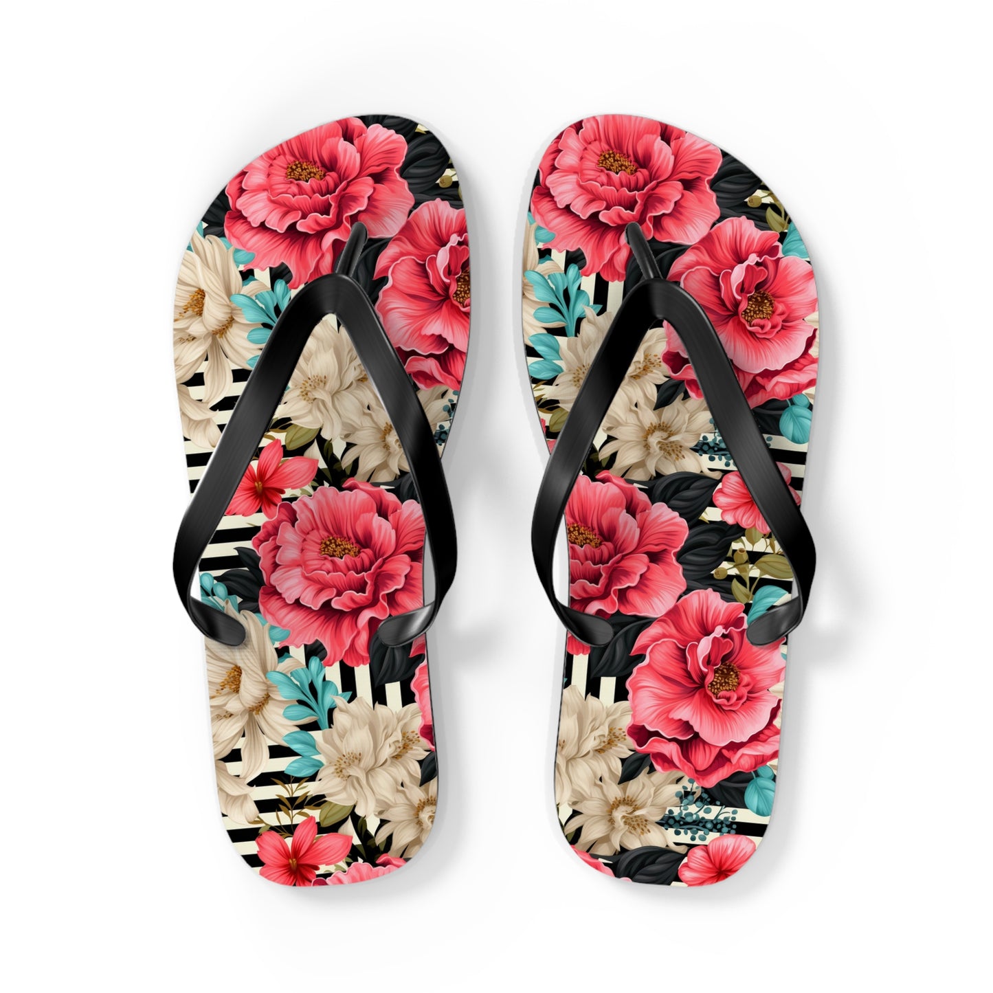 Stripes and Pink Roses Flip Flops - Cottage Garden Decor