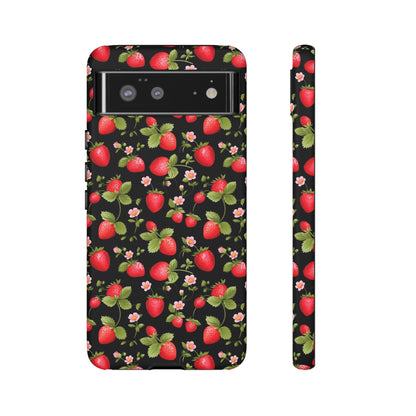 Strawberry's and Pink Flowers on Black Tough Phone Case - Cottage Garden Decor