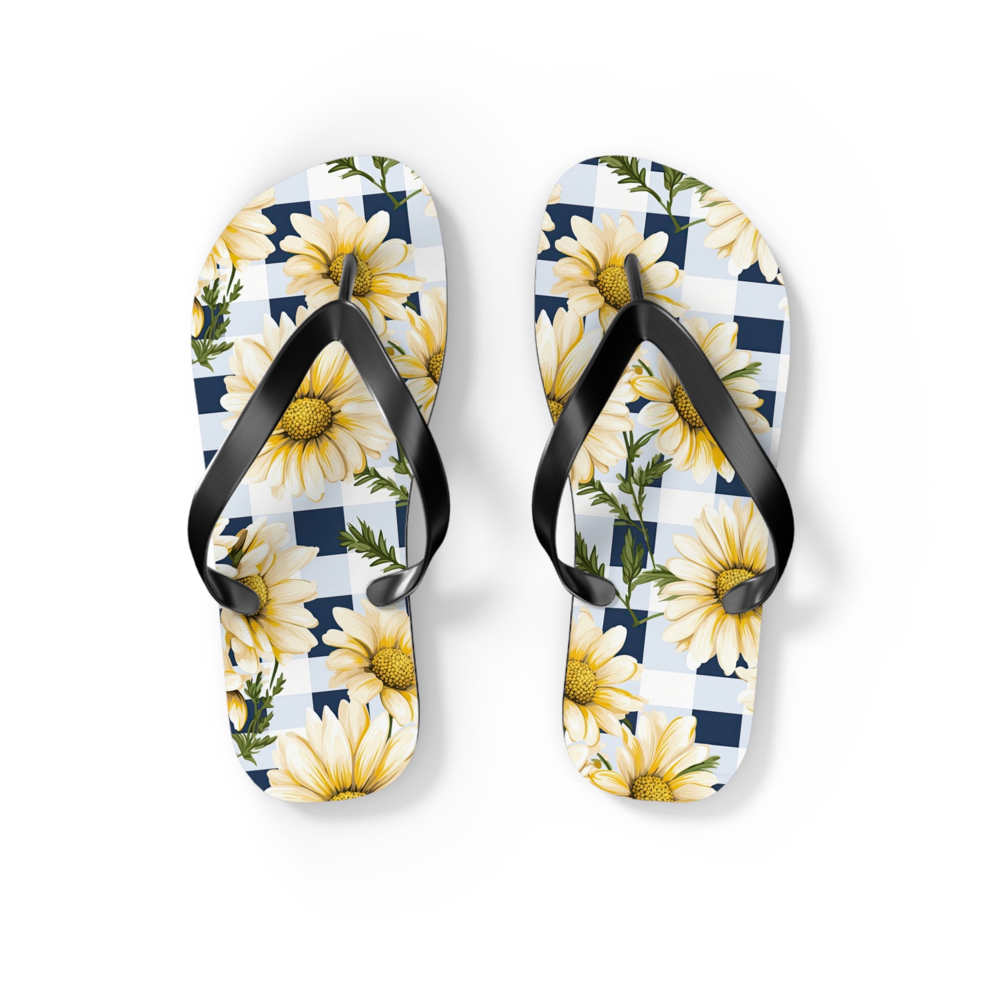 Blue and White Gingham Daisy Flip Flops - Cottage Garden Decor