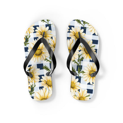 Blue and White Gingham Daisy Flip Flops - Cottage Garden Decor