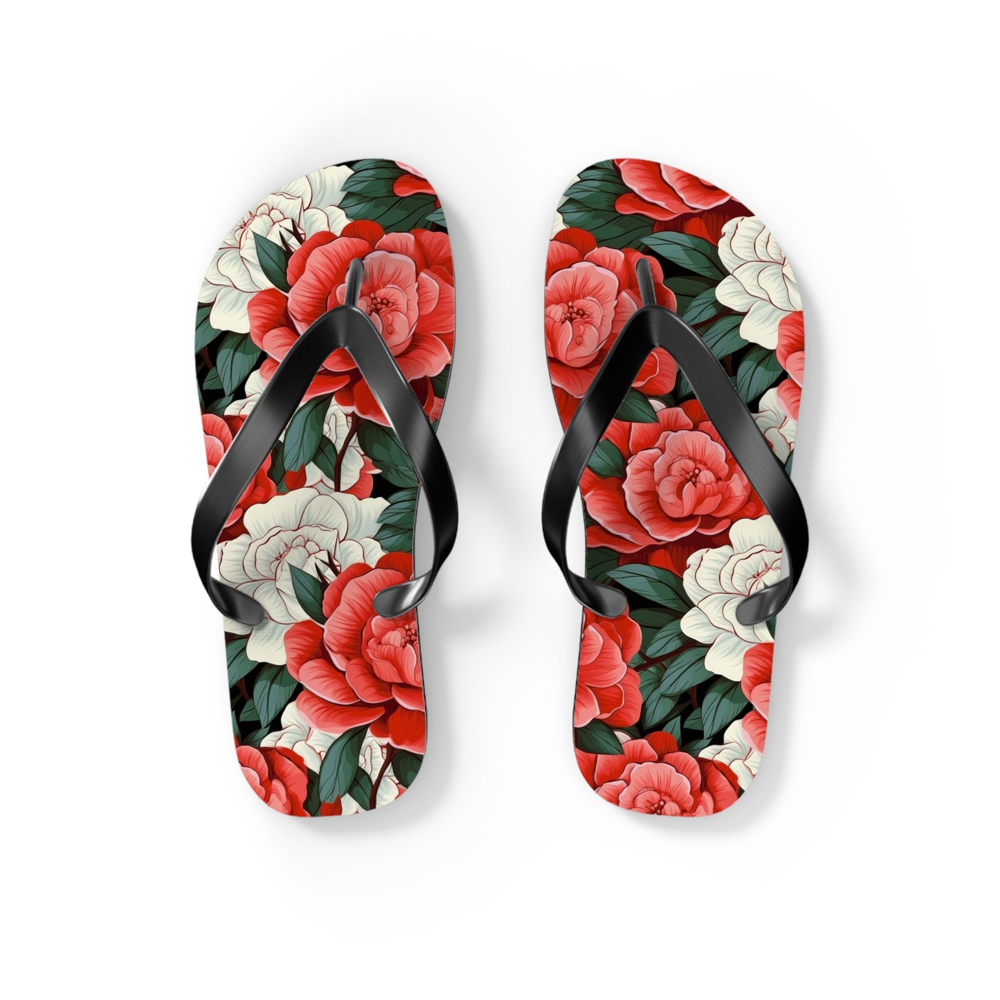 Charming Red and White Rose Flip Flops - Cottage Garden Decor