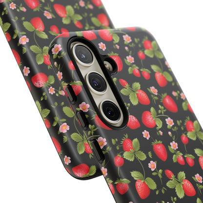 Strawberry's and Pink Flowers on Black Tough Phone Case - Cottage Garden Decor