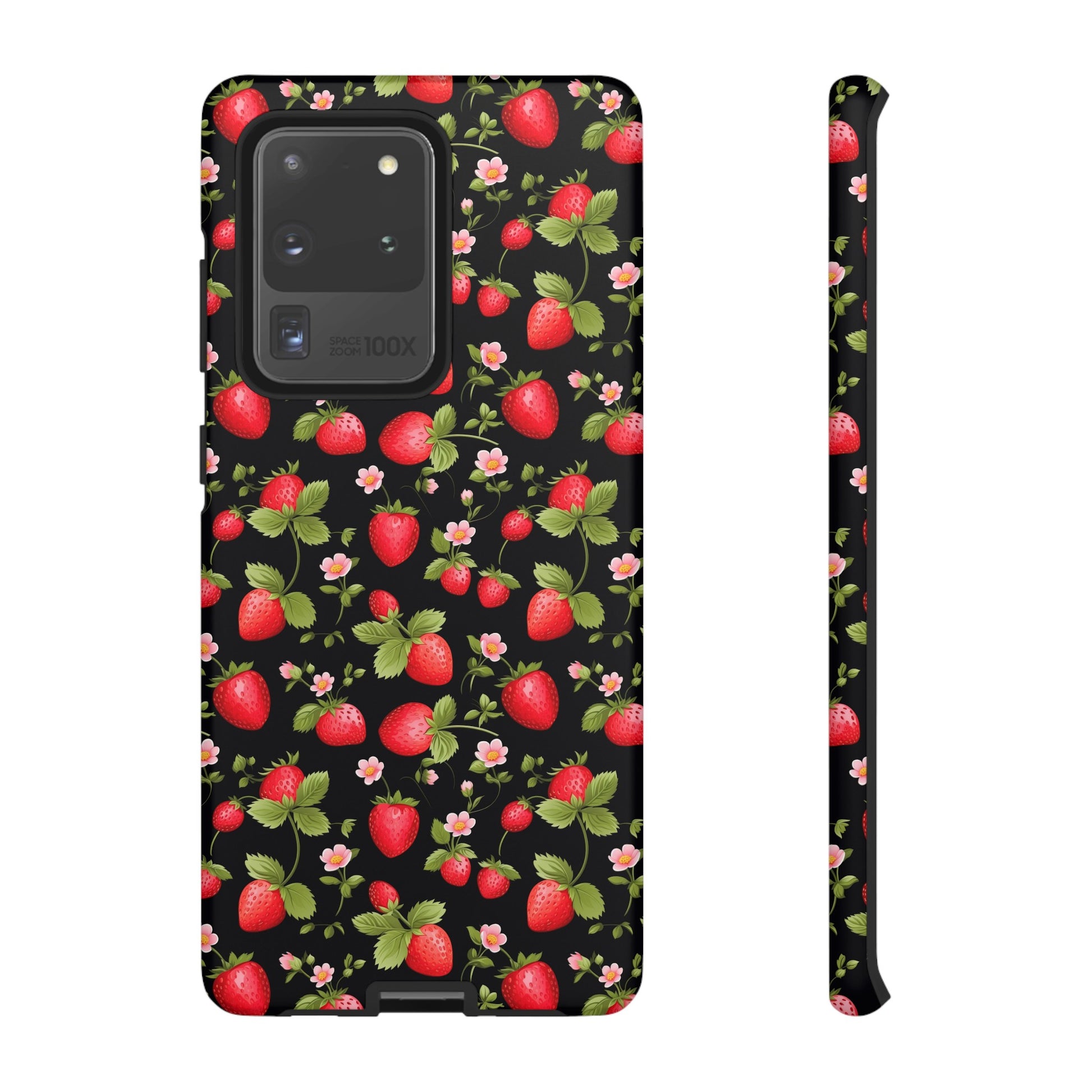 Strawberry's and Pink Flowers on Black Tough Phone Case - Cottage Garden Decor