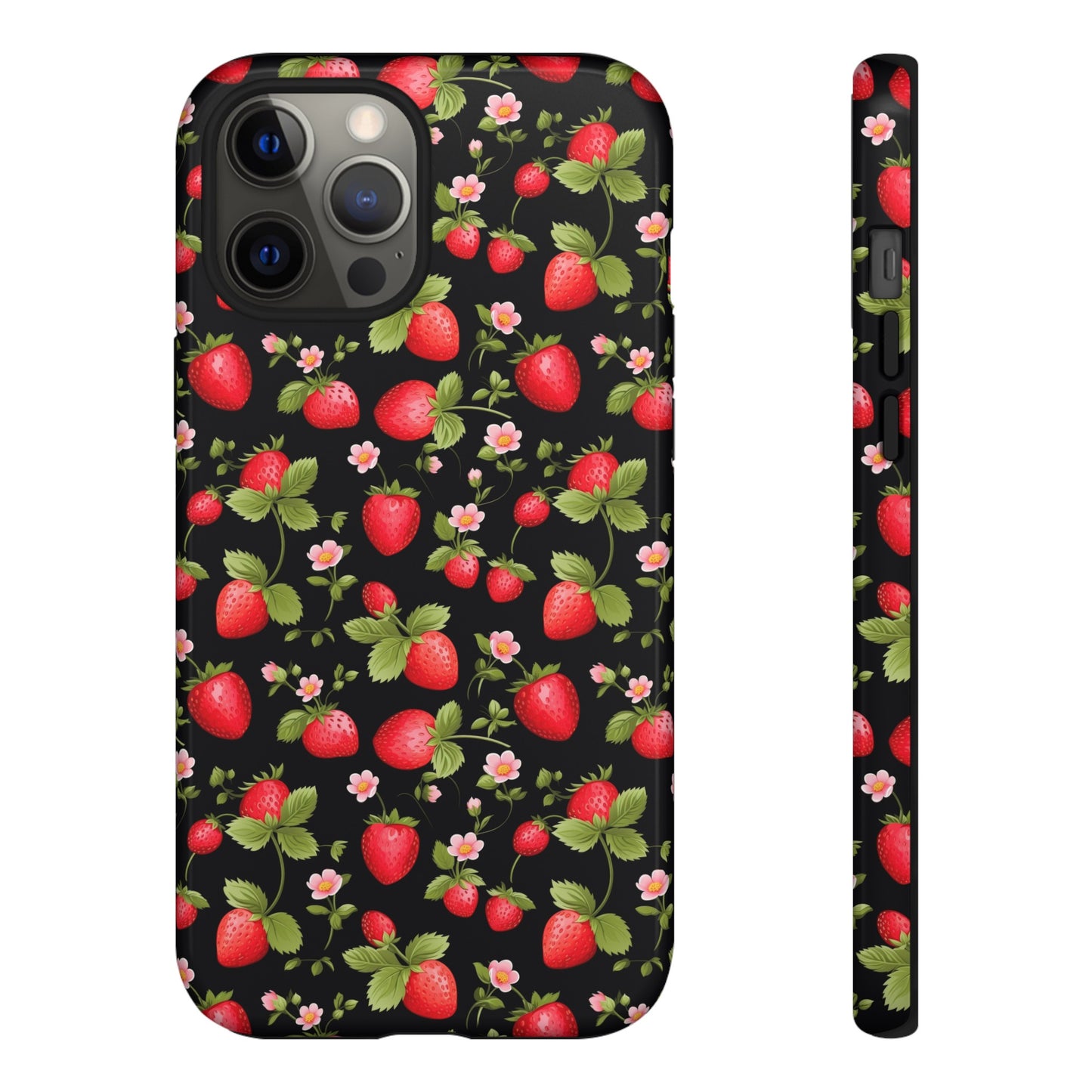 Strawberry's and Pink Flowers on Black Tough Phone Case - Cottage Garden Decor