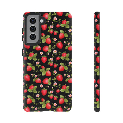 Strawberry's and Pink Flowers on Black Tough Phone Case - Cottage Garden Decor