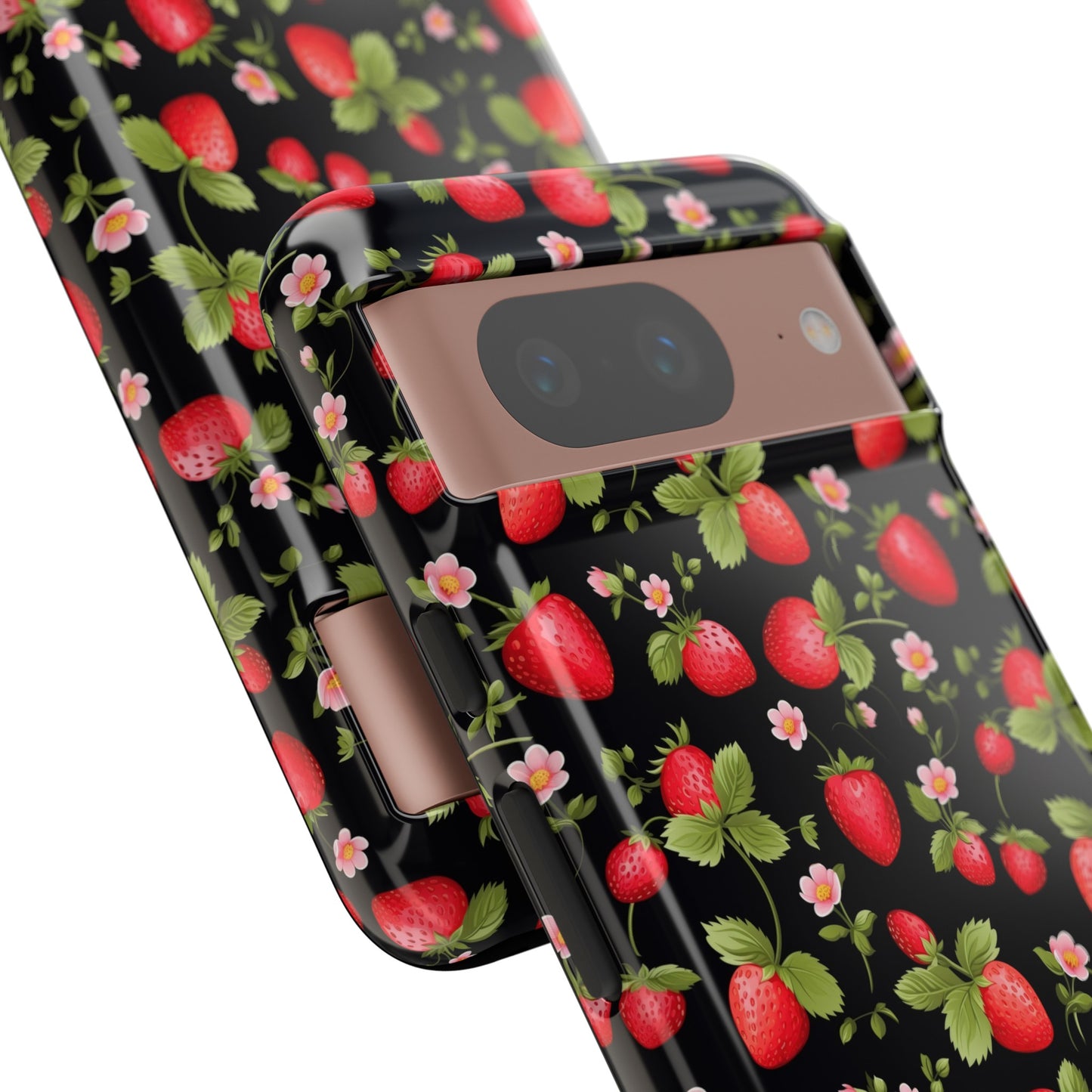 Strawberry's and Pink Flowers on Black Tough Phone Case - Cottage Garden Decor