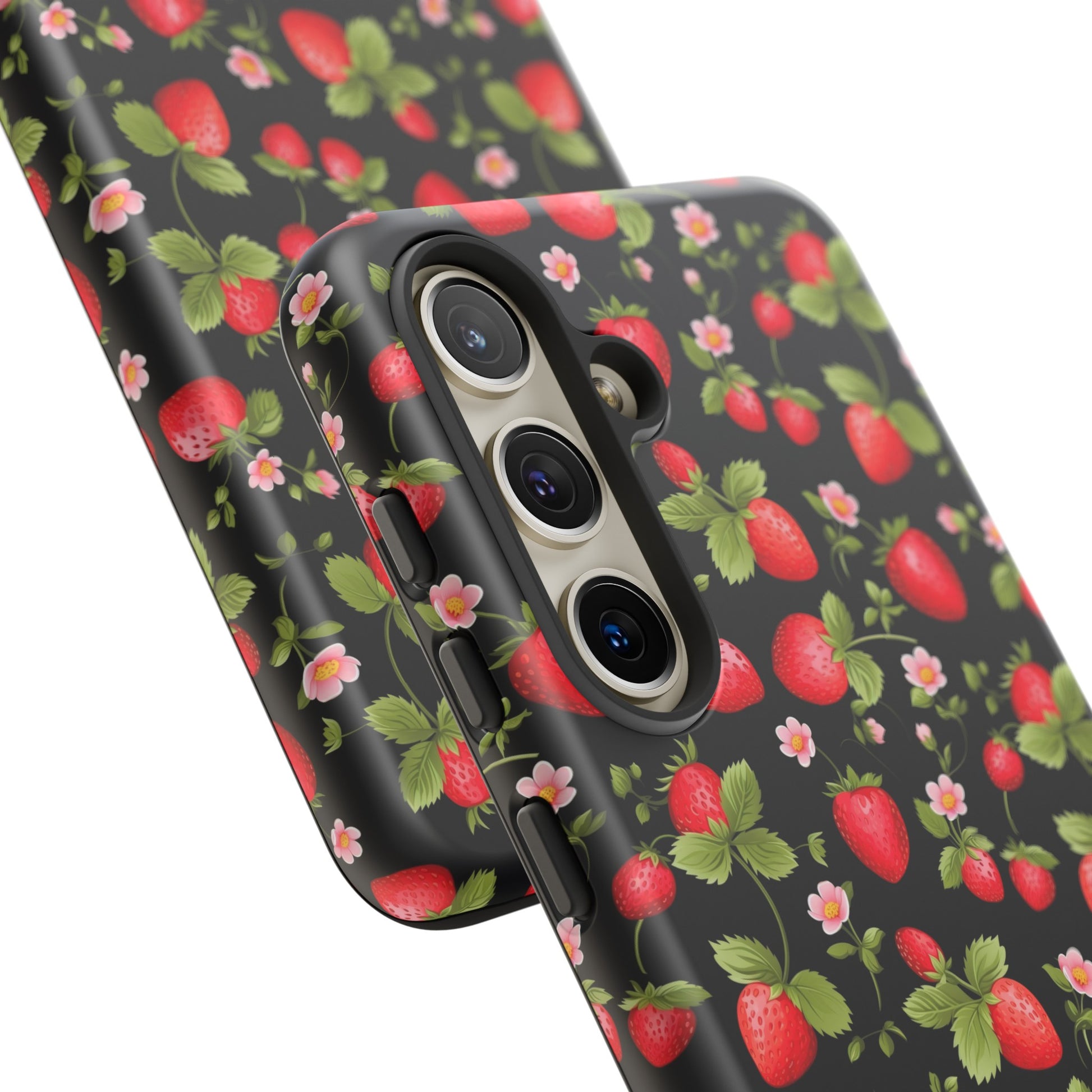 Strawberry's and Pink Flowers on Black Tough Phone Case - Cottage Garden Decor