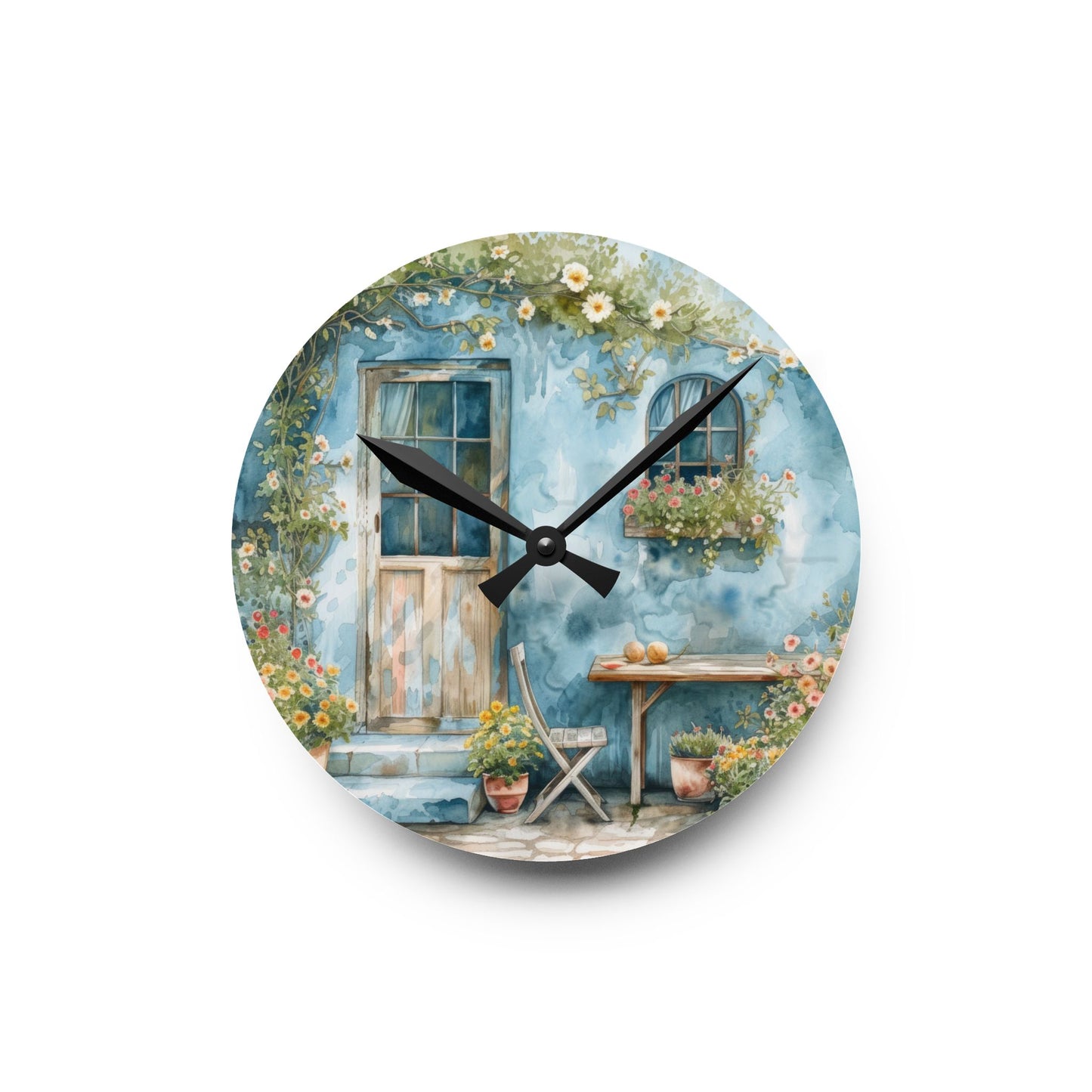 Blue Cottage Back Door Acrylic Wall Clock - Cottage Garden Decor