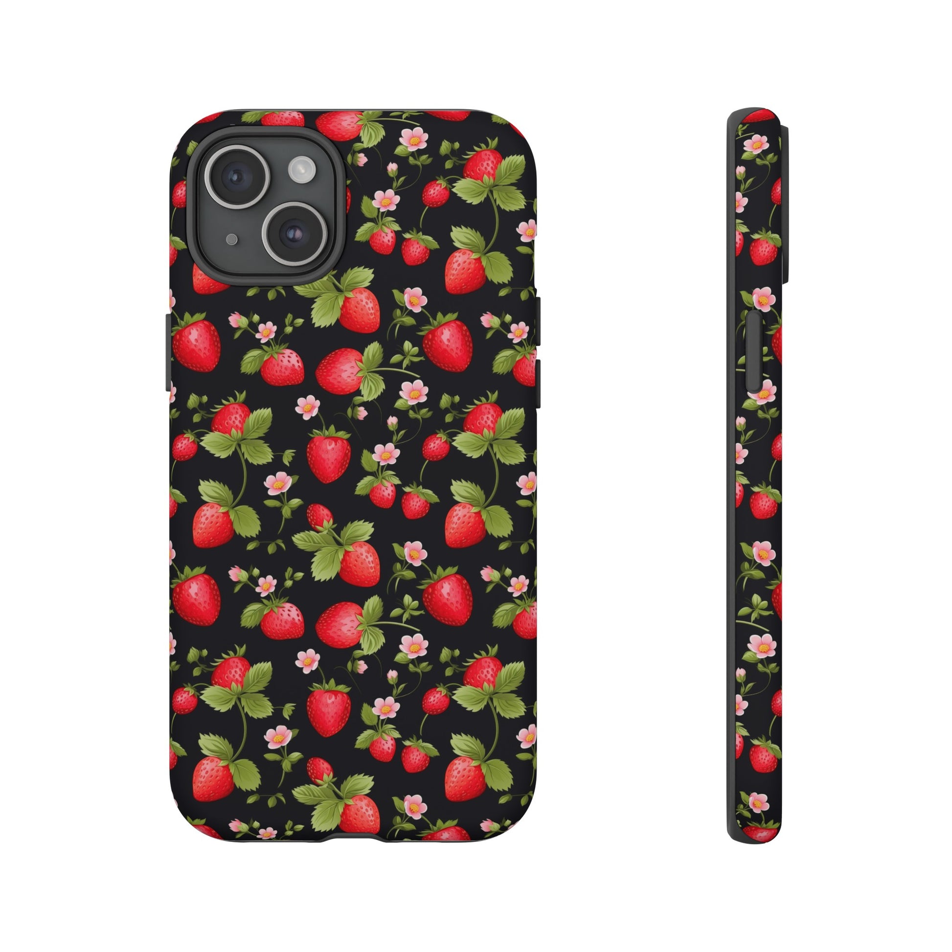 Strawberry's and Pink Flowers on Black Tough Phone Case - Cottage Garden Decor