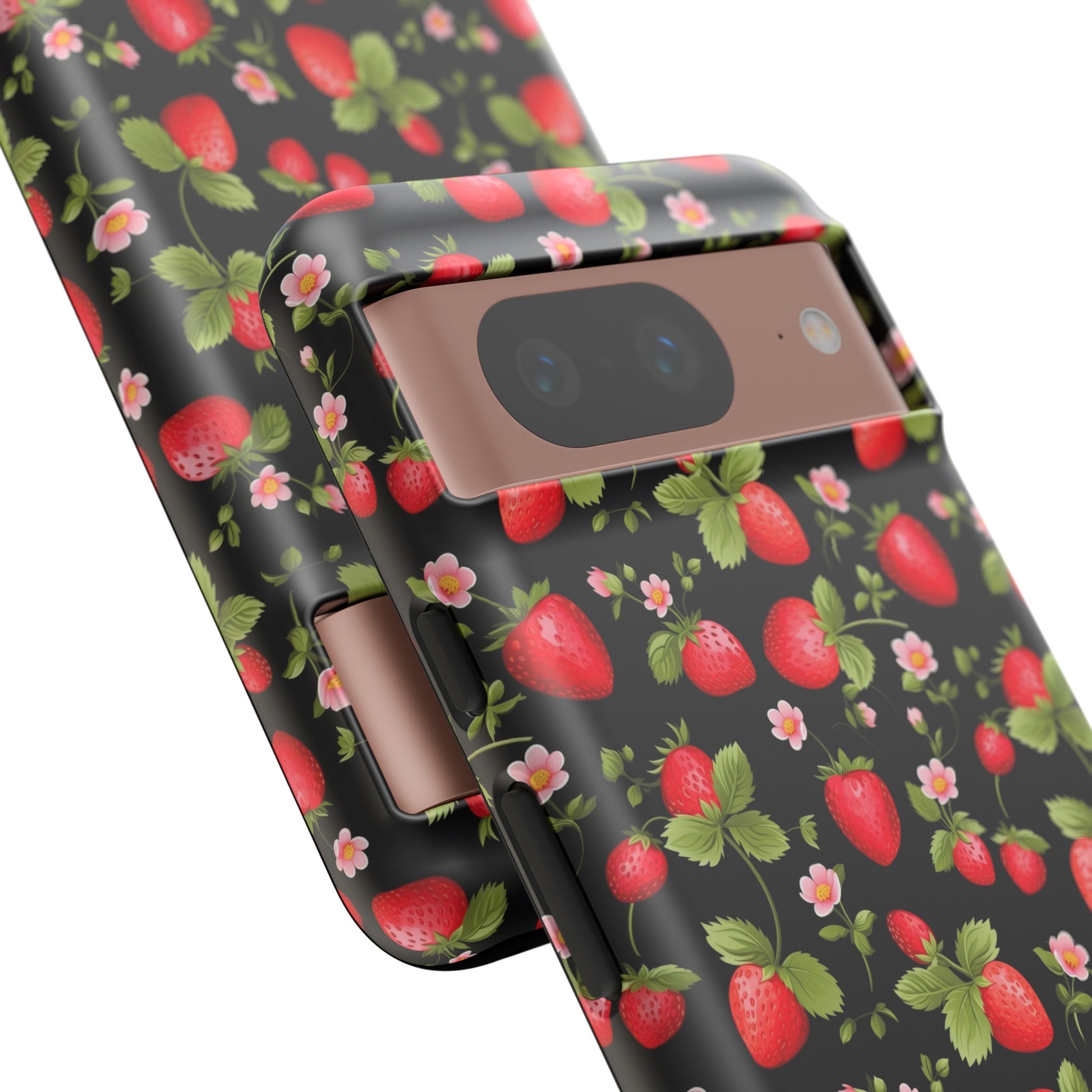 Strawberry's and Pink Flowers on Black Tough Phone Case - Cottage Garden Decor