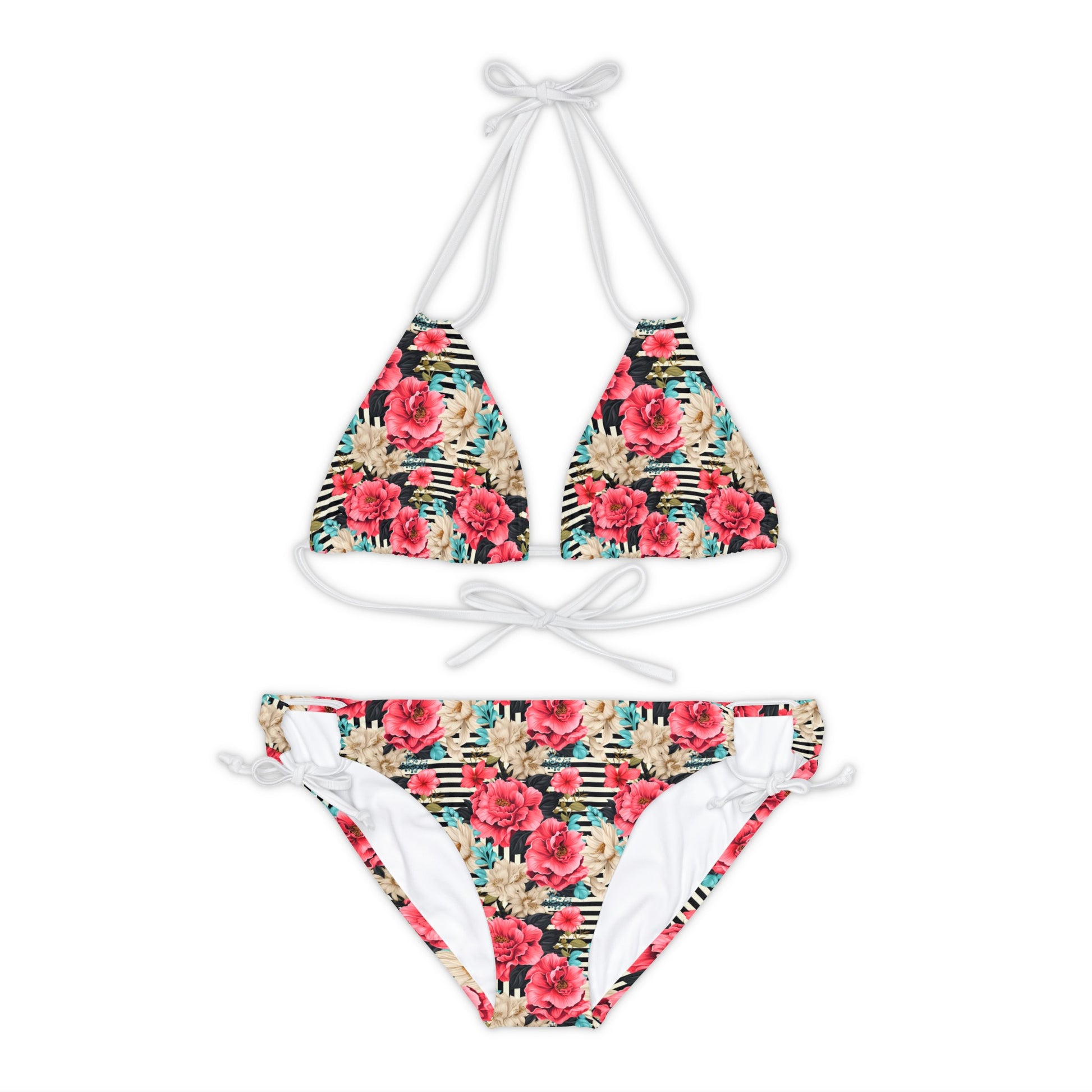 Stripes and Pink Rose Strappy Bikini Set - Cottage Garden Decor