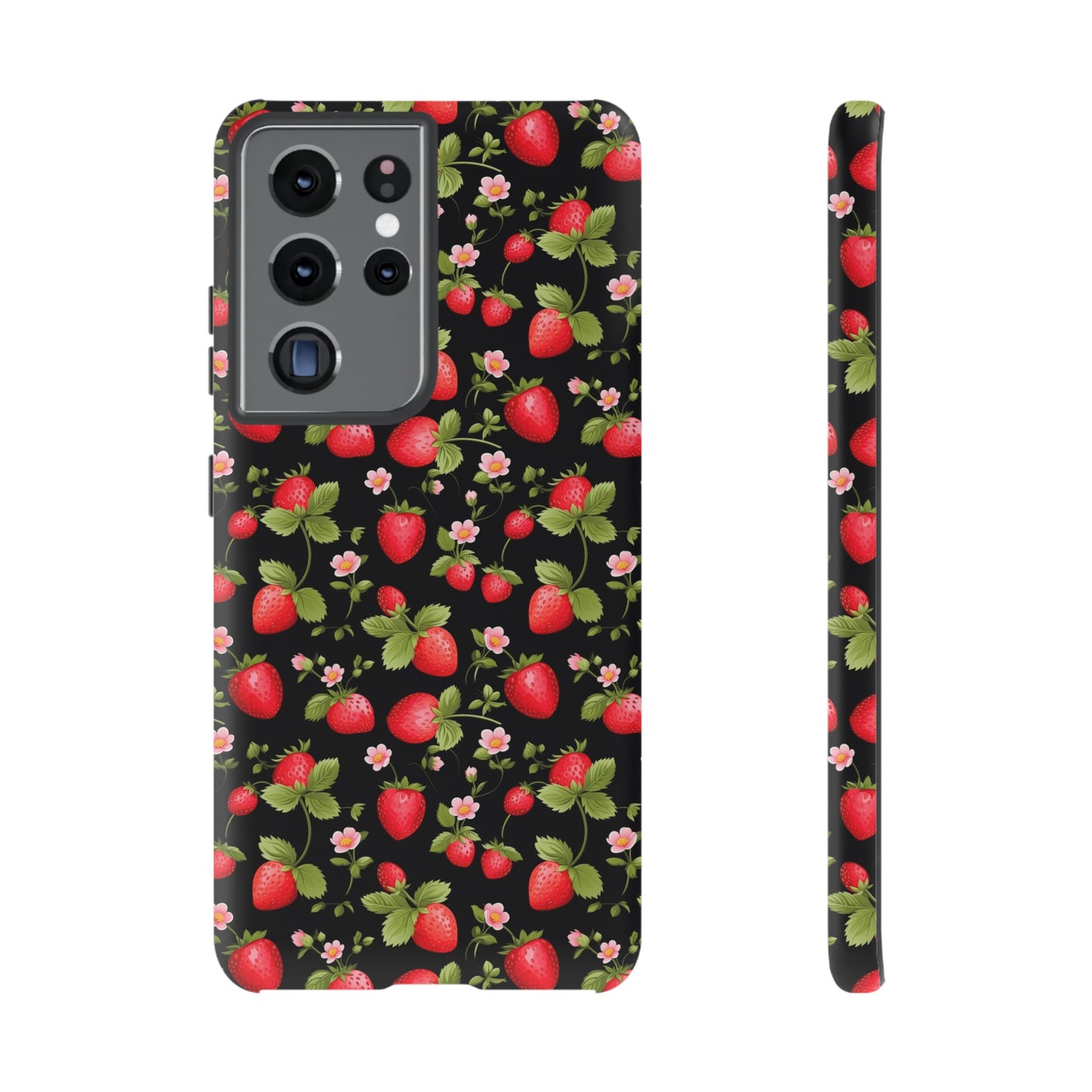 Strawberry's and Pink Flowers on Black Tough Phone Case - Cottage Garden Decor