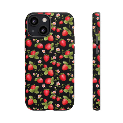 Strawberry's and Pink Flowers on Black Tough Phone Case - Cottage Garden Decor