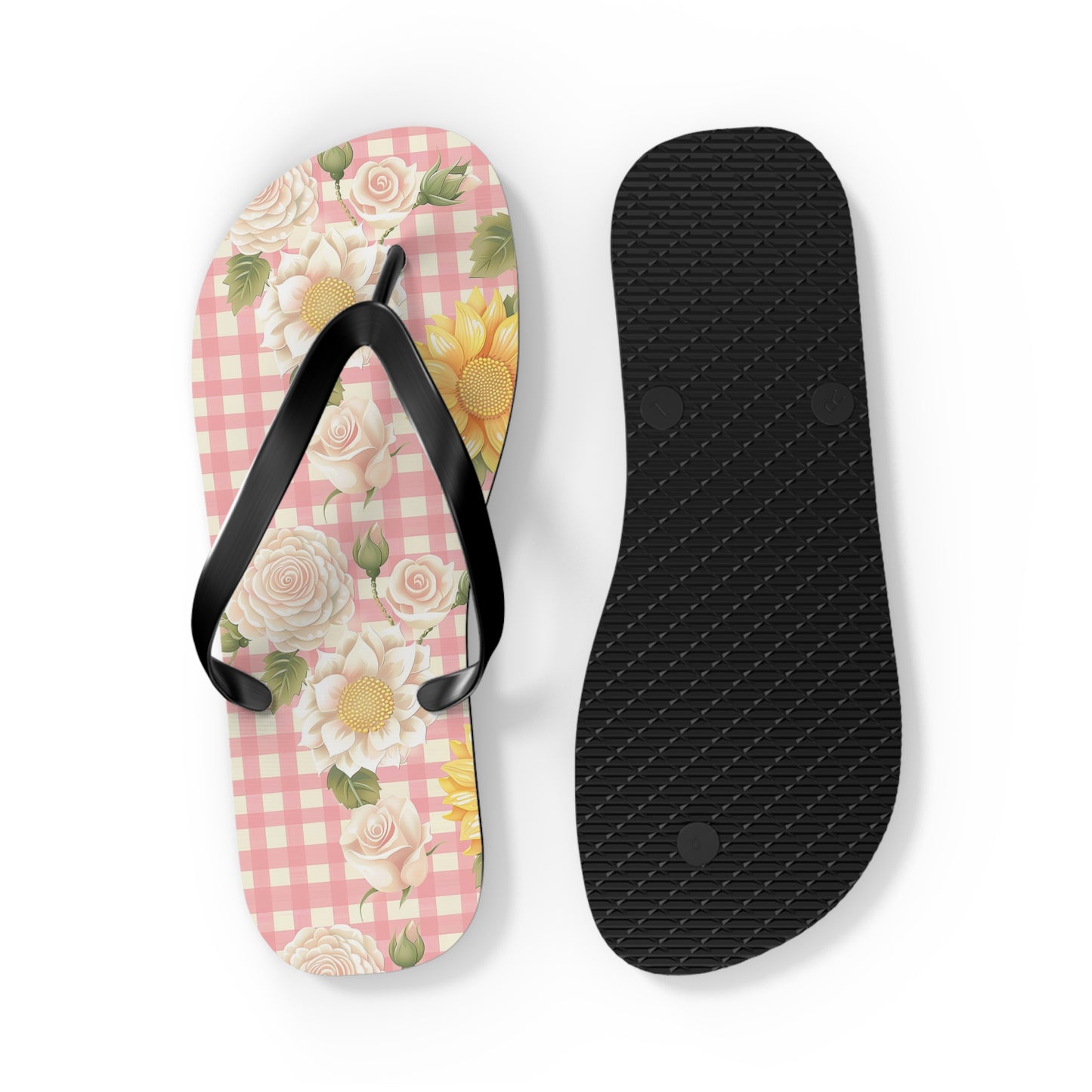 Sweet Bright Pink Gingham Floral Flip Flops - Cottage Garden Decor