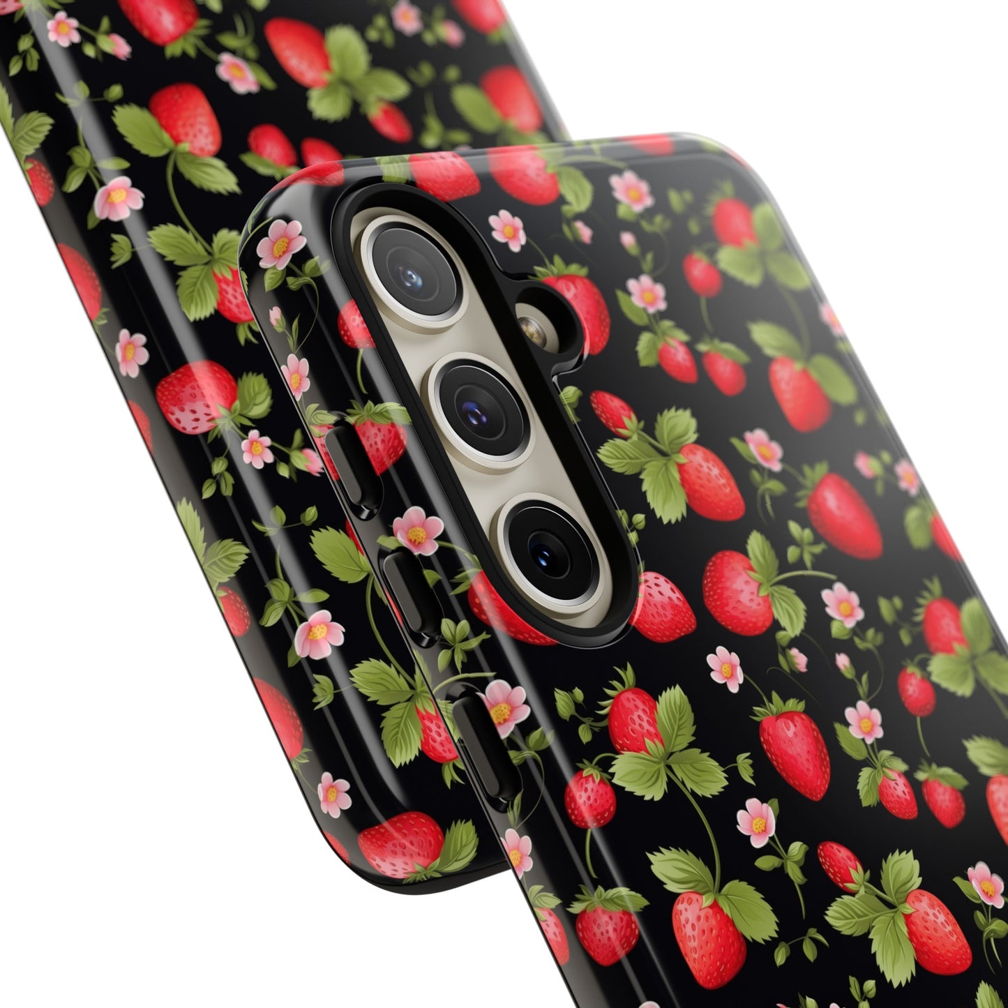 Strawberry's and Pink Flowers on Black Tough Phone Case - Cottage Garden Decor