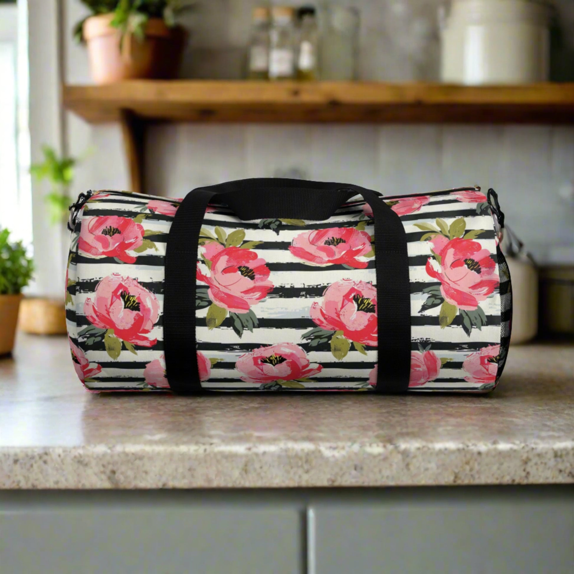 Watercolor Peonies and Blue Stripe Duffle Bag - Cottage Garden Decor