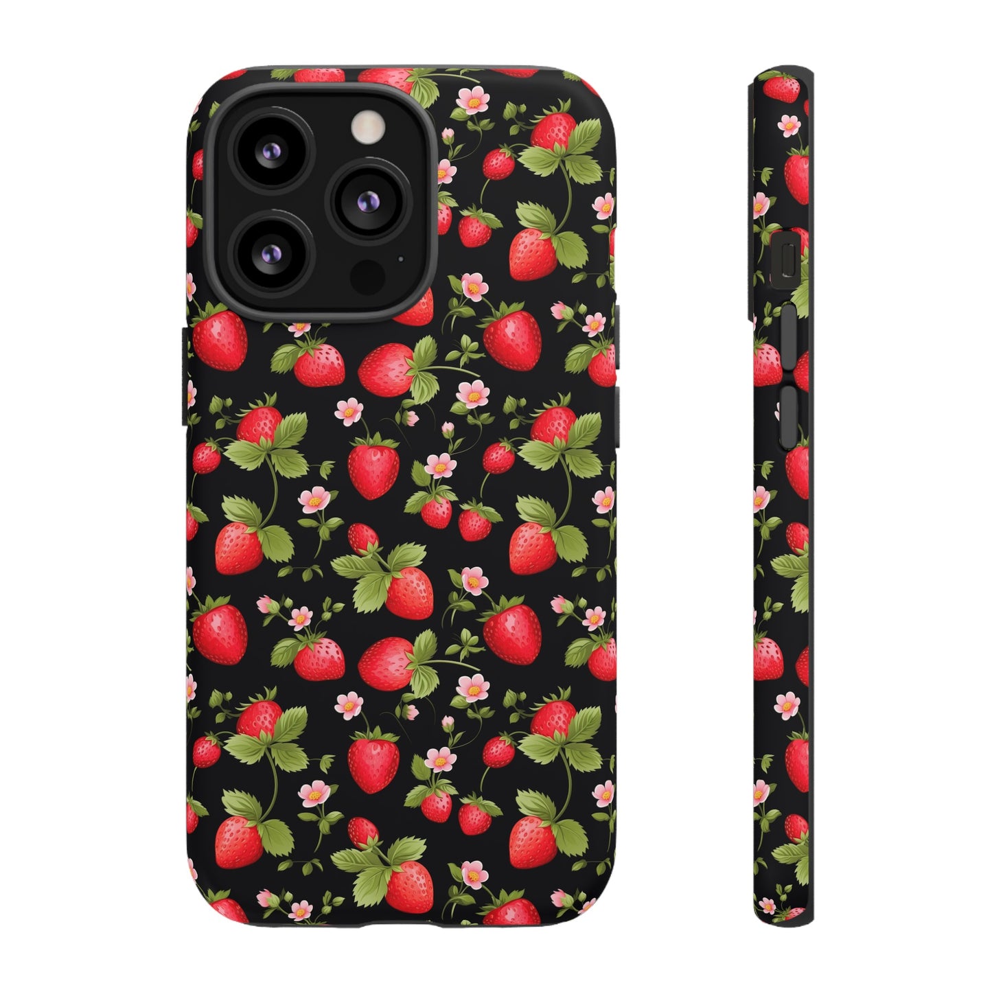 Strawberry's and Pink Flowers on Black Tough Phone Case - Cottage Garden Decor