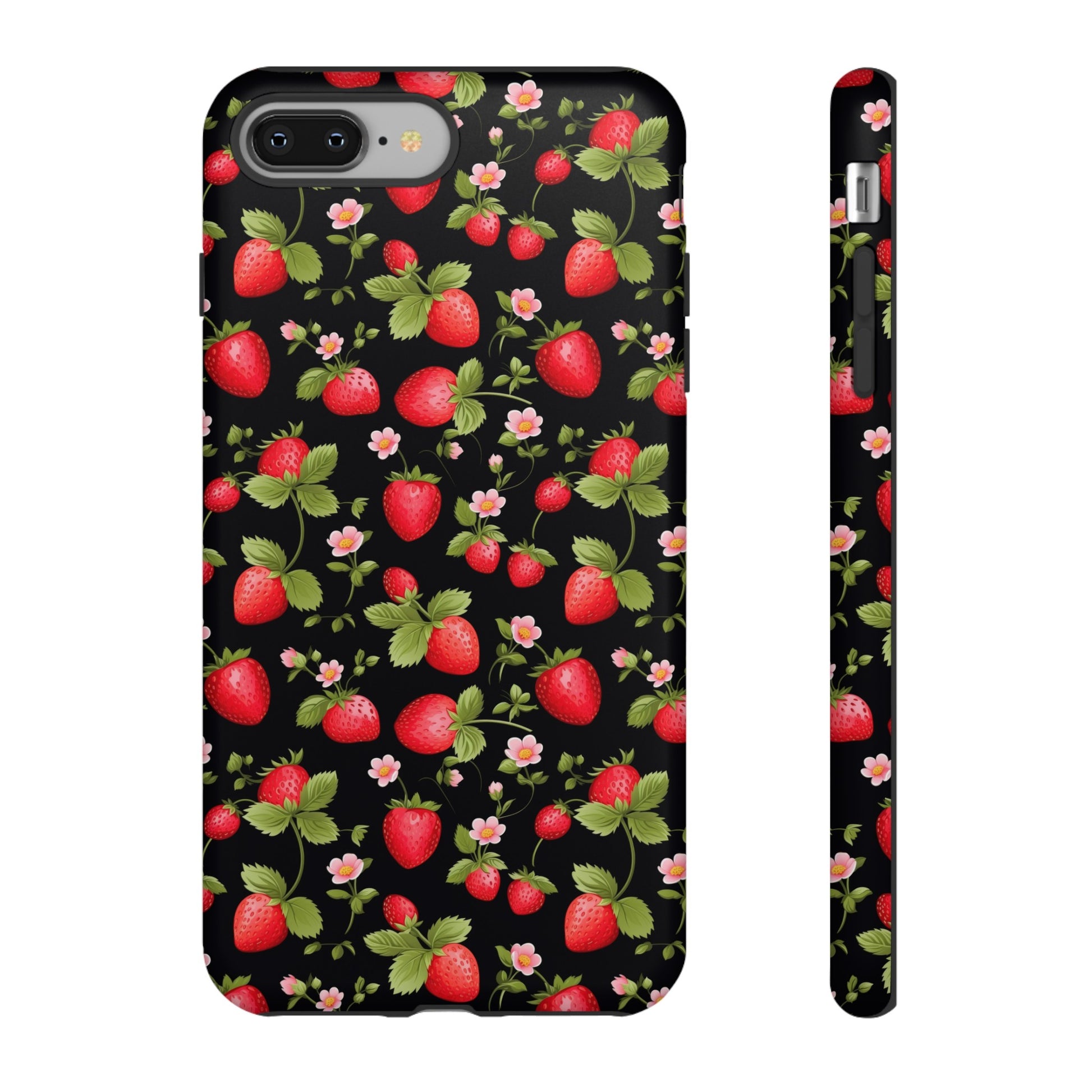 Strawberry's and Pink Flowers on Black Tough Phone Case - Cottage Garden Decor