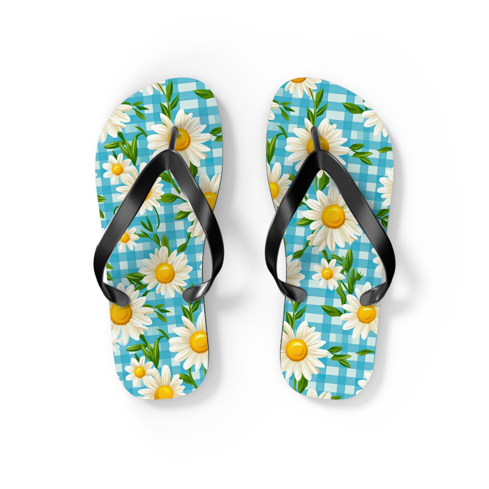 Bright Blue Gingham and Daisy's Flip Flops - Cottage Garden Decor