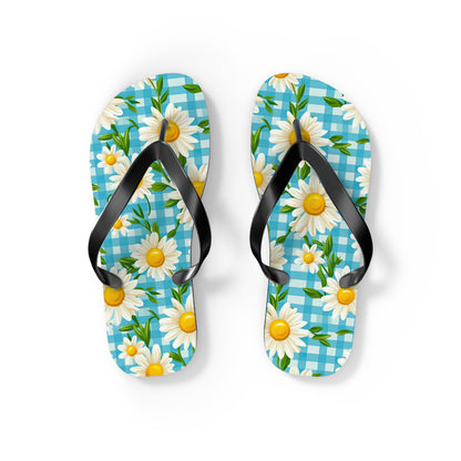 Bright Blue Gingham and Daisy's Flip Flops - Cottage Garden Decor