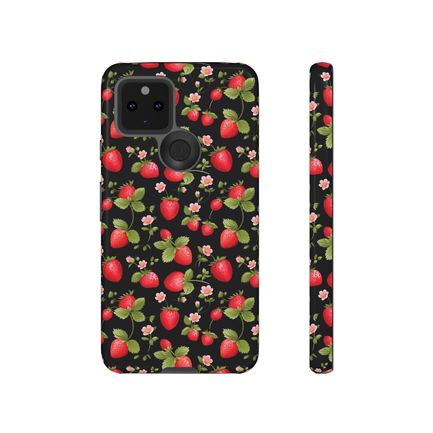 Strawberry's and Pink Flowers on Black Tough Phone Case - Cottage Garden Decor