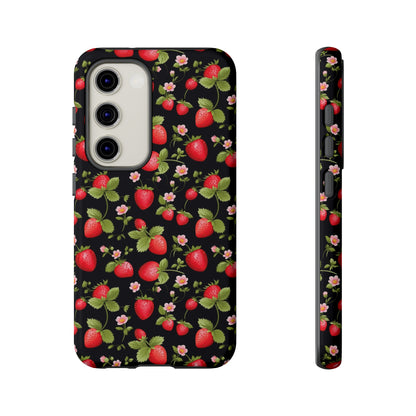 Strawberry's and Pink Flowers on Black Tough Phone Case - Cottage Garden Decor