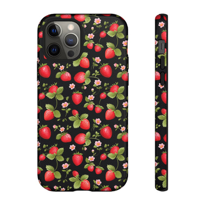 Strawberry's and Pink Flowers on Black Tough Phone Case - Cottage Garden Decor