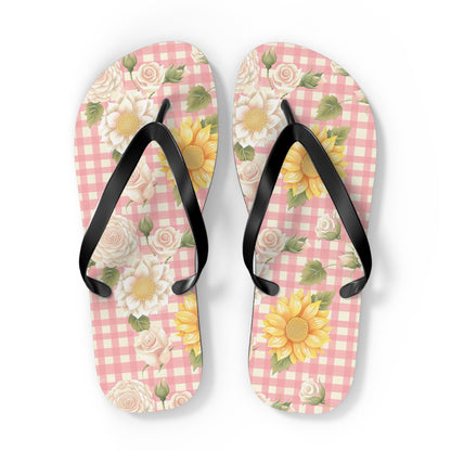 Sweet Bright Pink Gingham Floral Flip Flops - Cottage Garden Decor