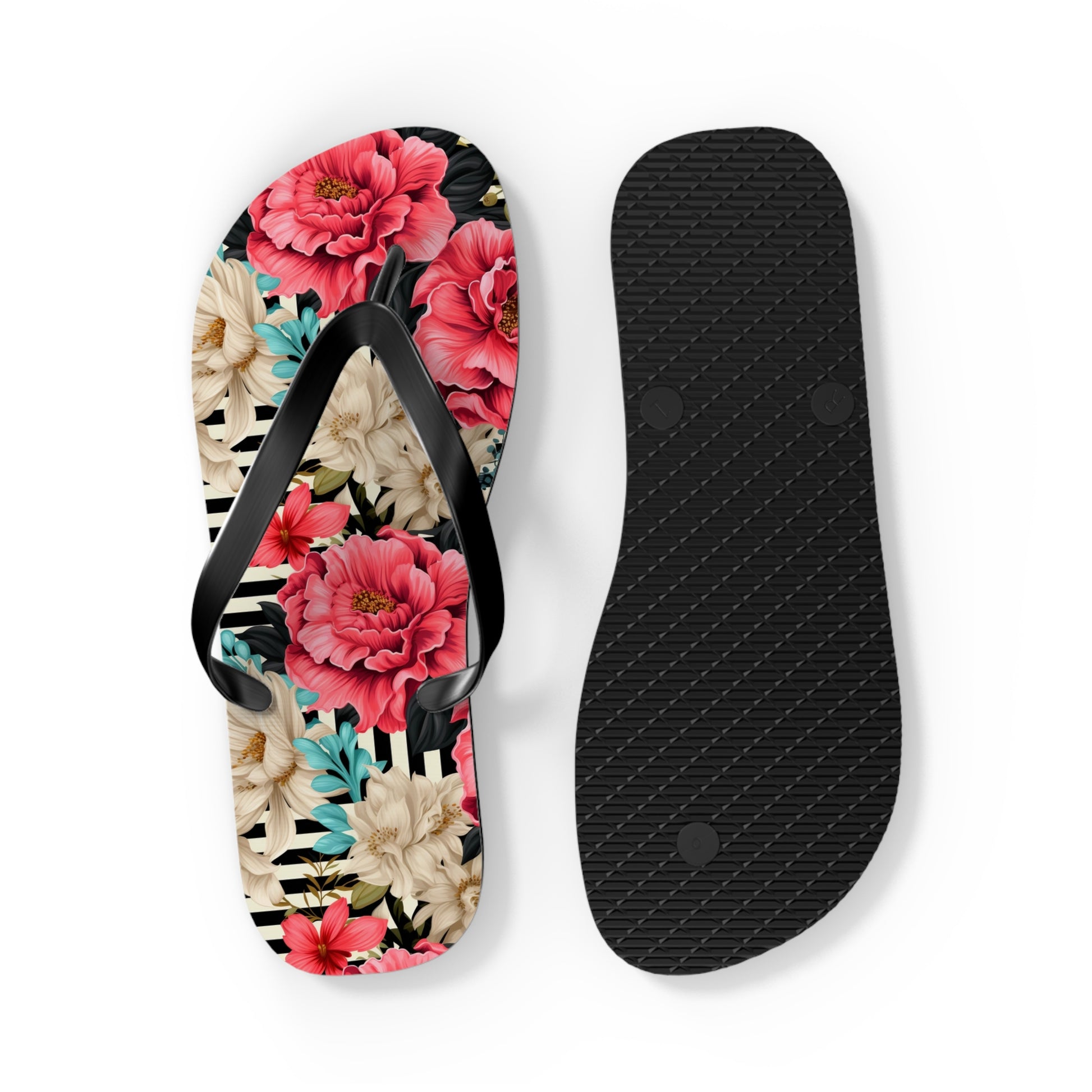 Stripes and Pink Roses Flip Flops - Cottage Garden Decor