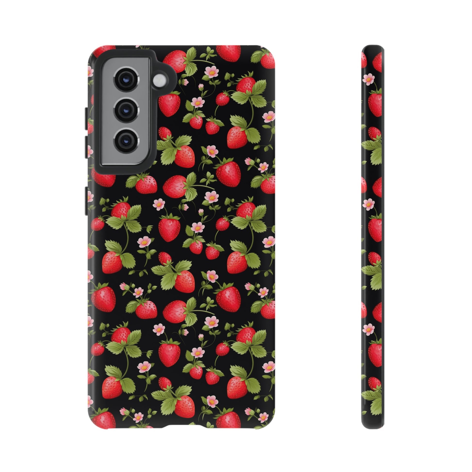 Strawberry's and Pink Flowers on Black Tough Phone Case - Cottage Garden Decor